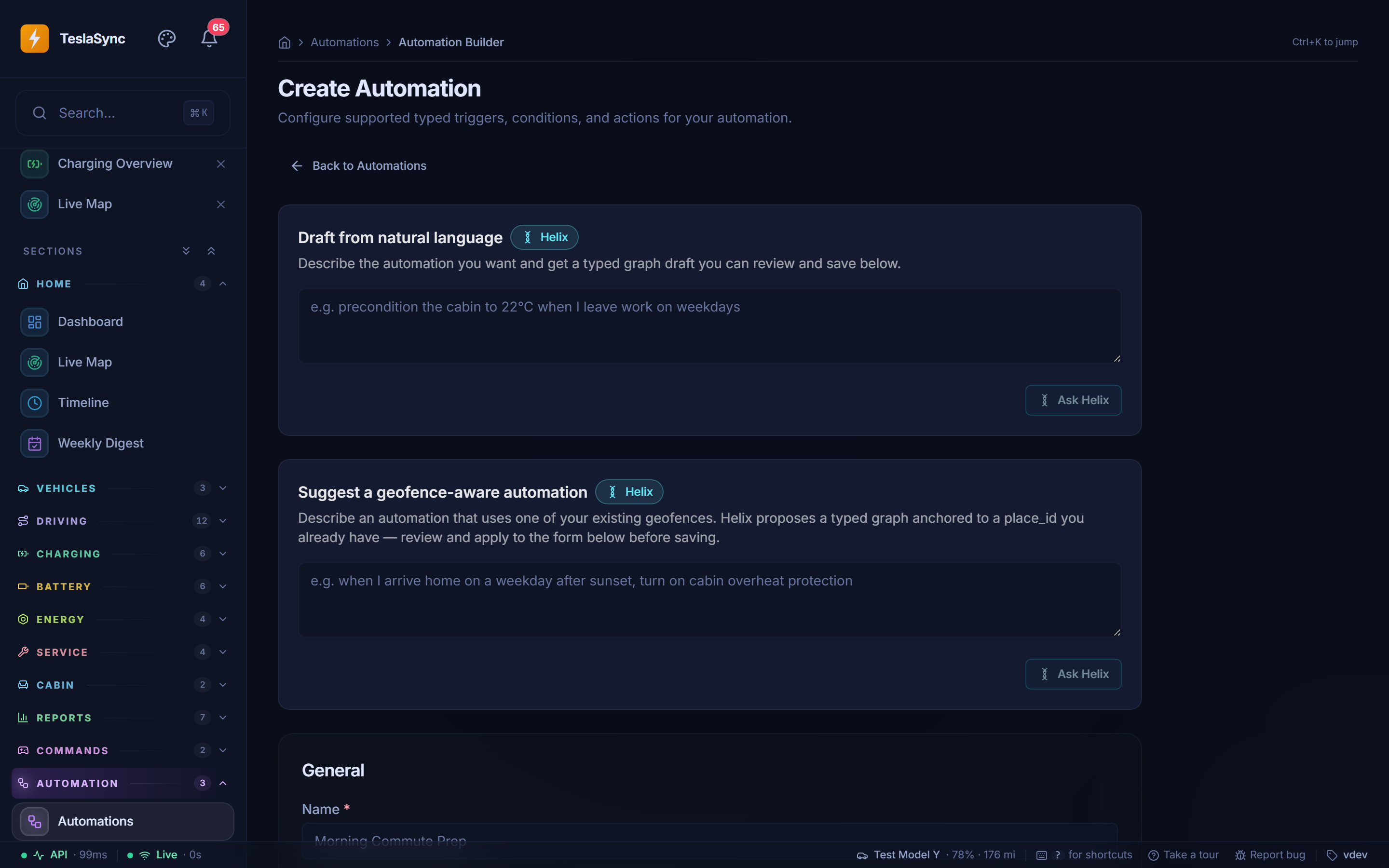 TeslaSync Automation Builder page with Helix natural-language drafting and geofence-aware suggestion panels