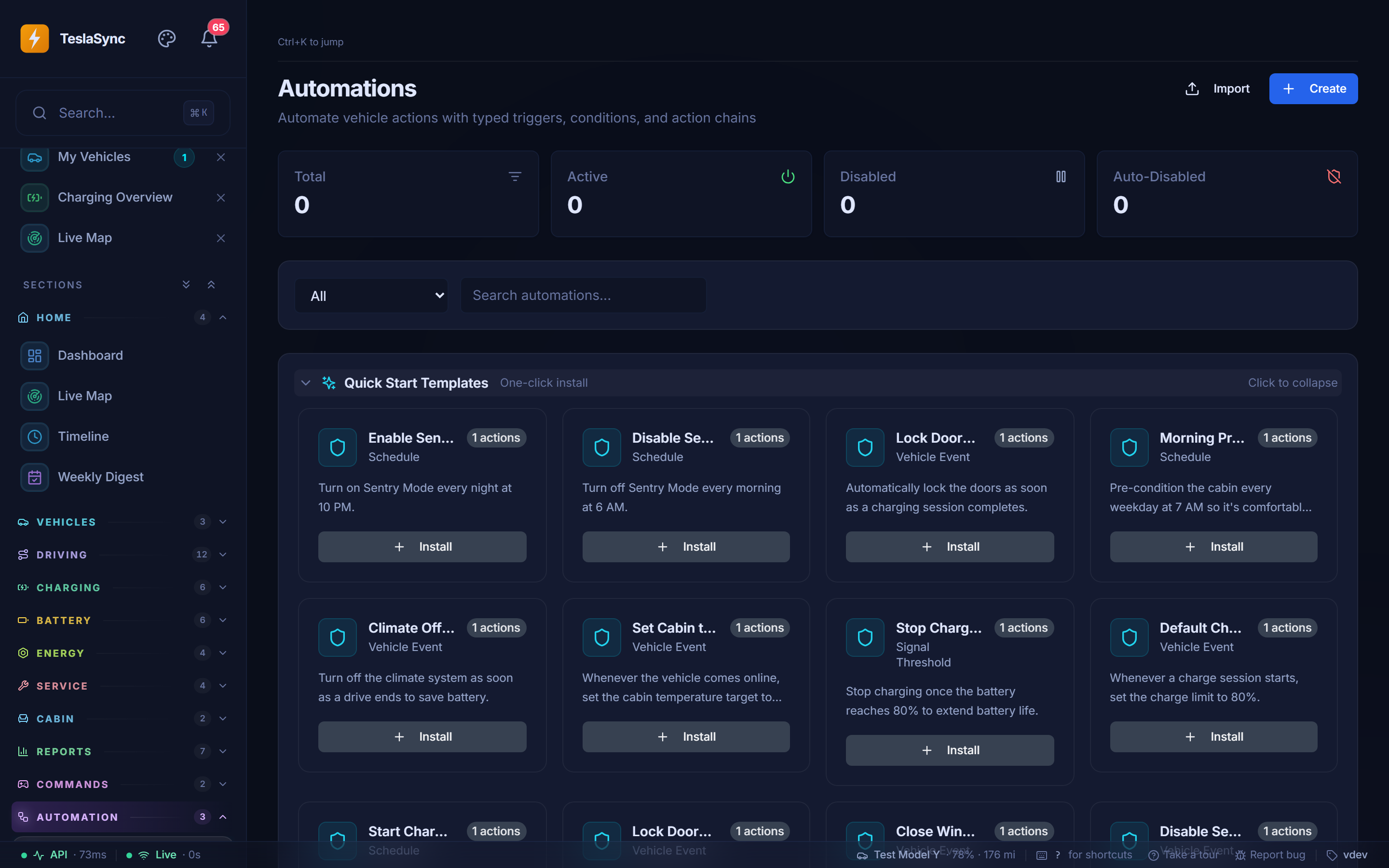 TeslaSync Automations page with the Quick Start Templates gallery expanded showing preset cards