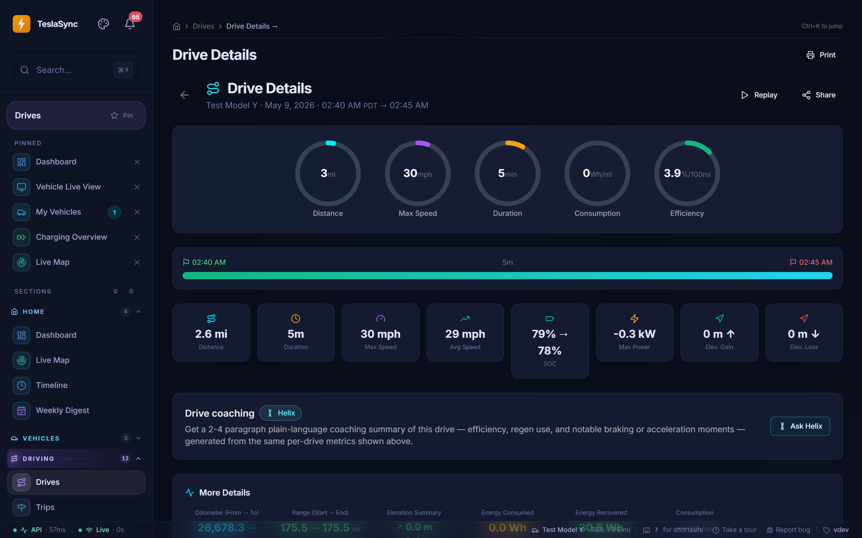 TeslaSync drive detail page with radial gauges, per-trip stats, and a Helix coaching summary