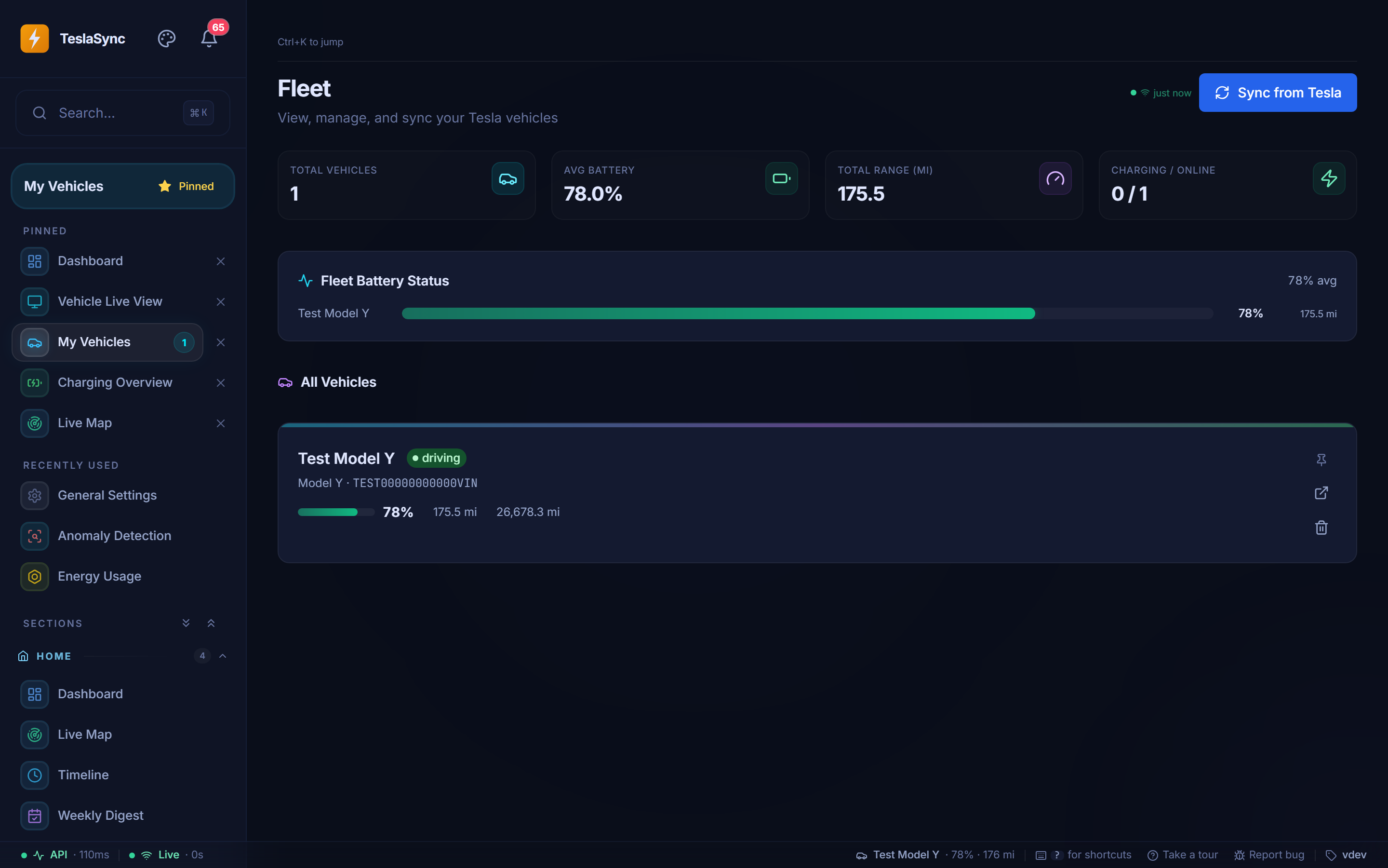 TeslaSync vehicles page