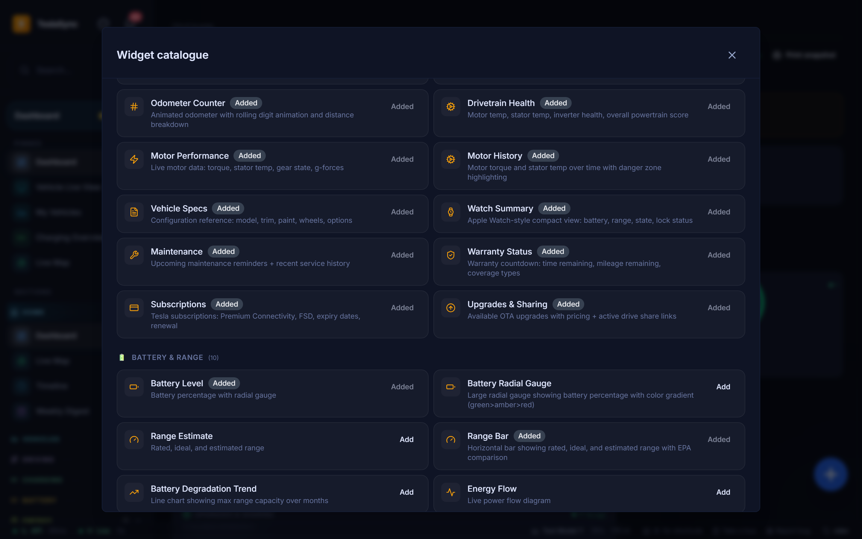TeslaSync widget catalogue dialog showing 118 widgets across 16 categories